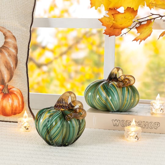 Glitzhome® 5.75" Multi Green Striped Glass Pumpkin Fall Table Decor